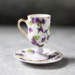Vintage Inarco Japan tall demitasse cup saucer set violet floral porcelain